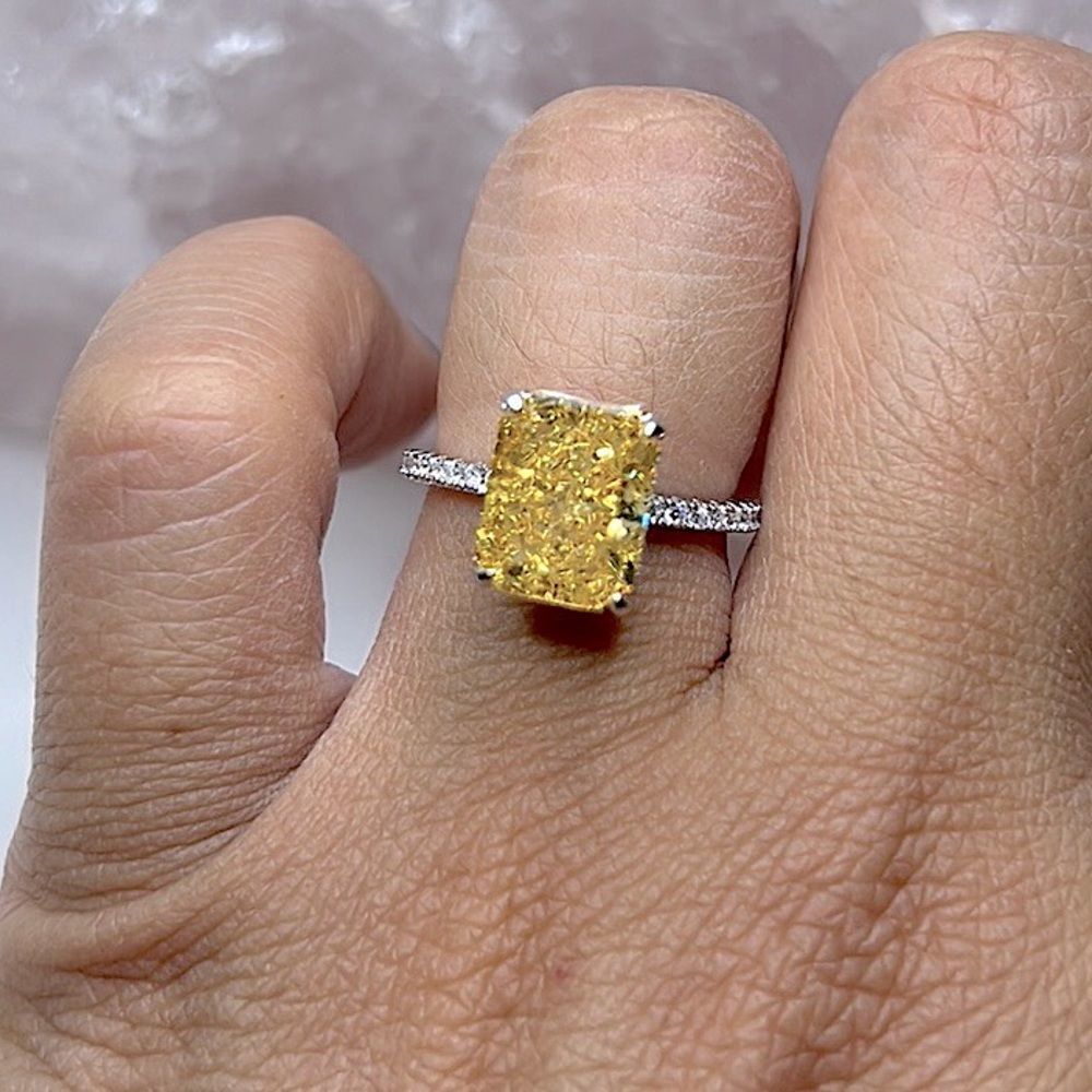 Yellow canary radiant crush ice engagement ring bridal ring - Picture 7 of 10
